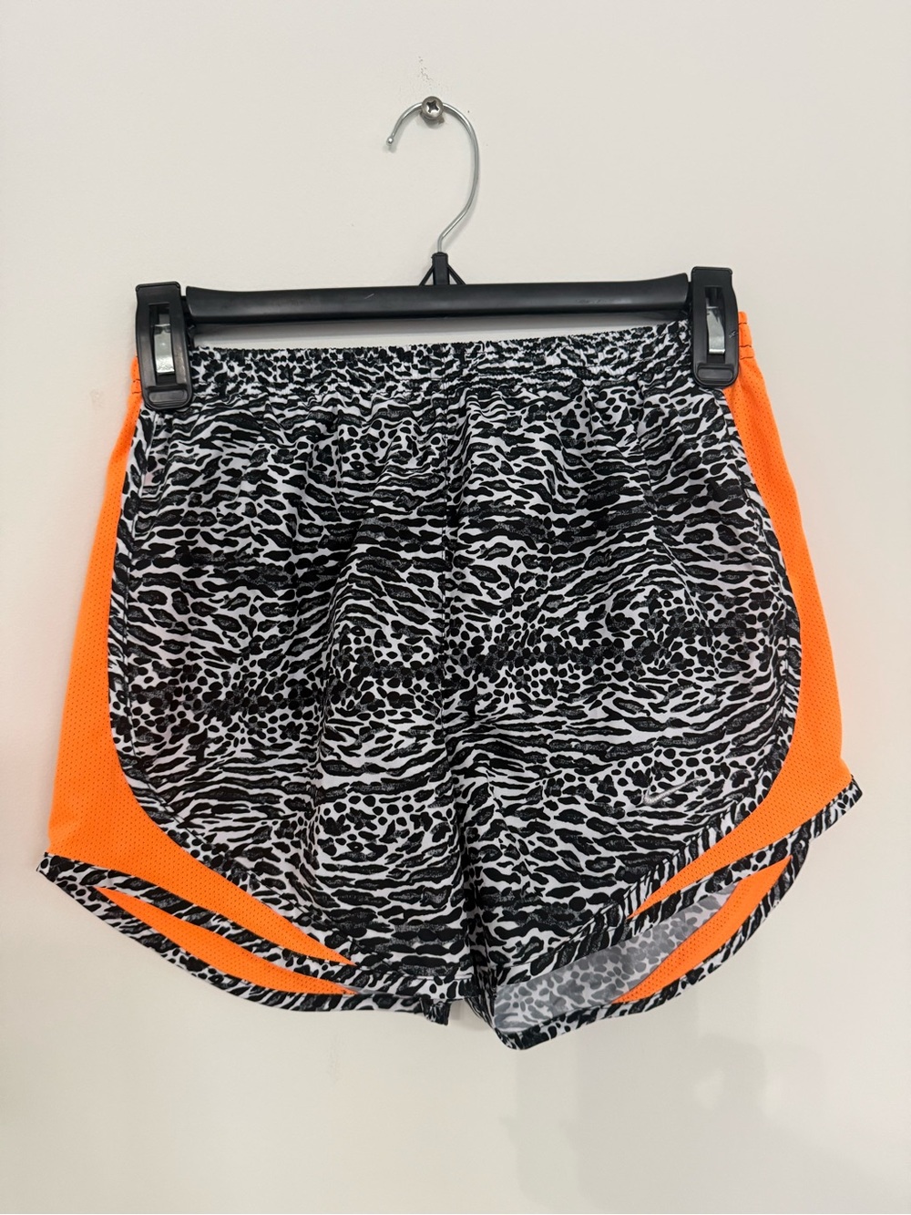 Nike Women's Black & White Animal Print Shorts with Neon Orange Panels